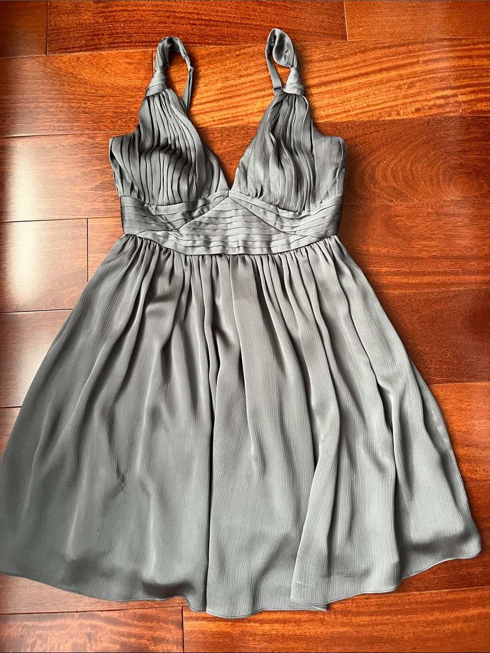 BCBGeneration Gray Pleated V-Neck Midi Dress